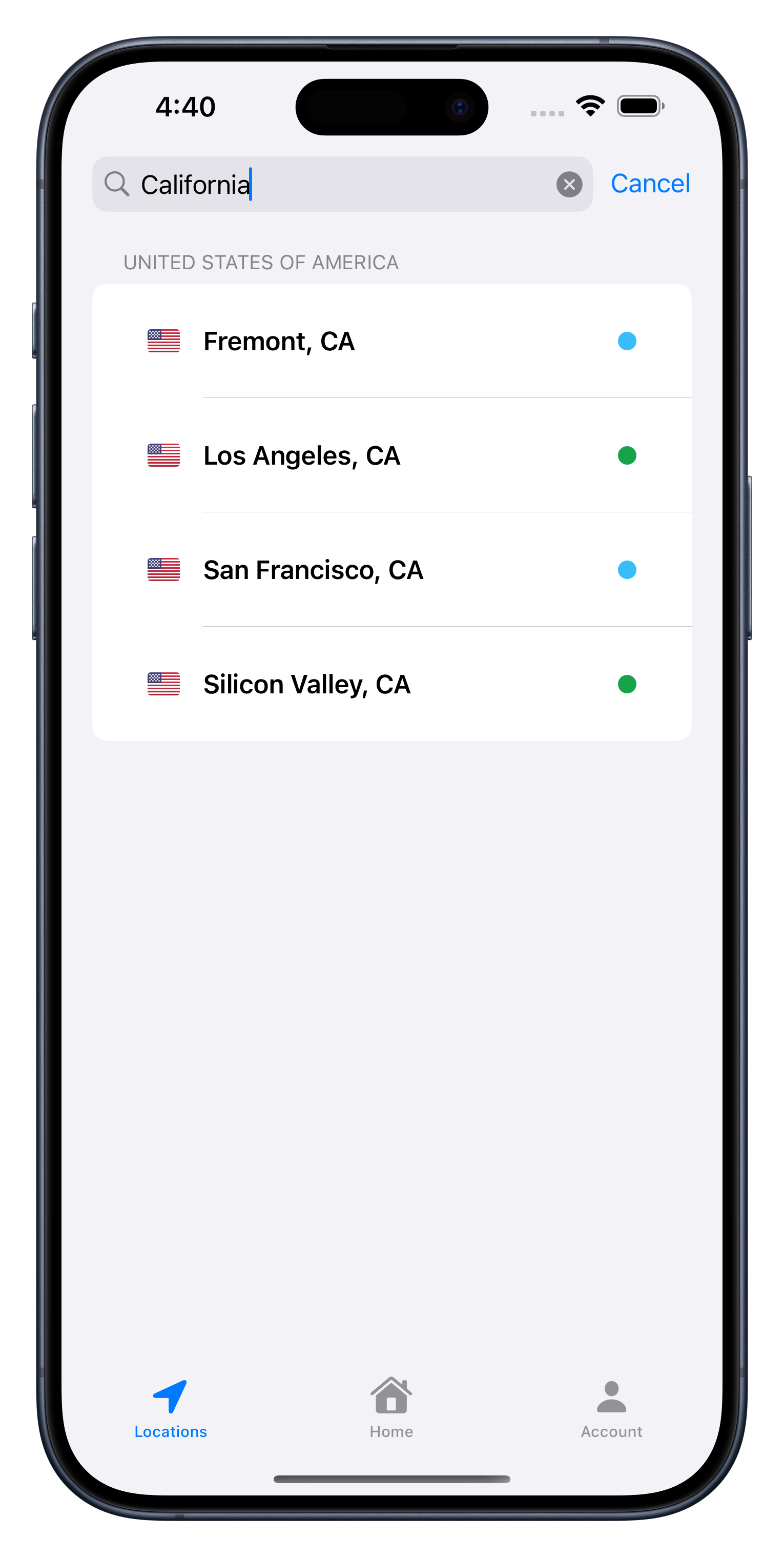 UpVPN iPhone - Location Search
