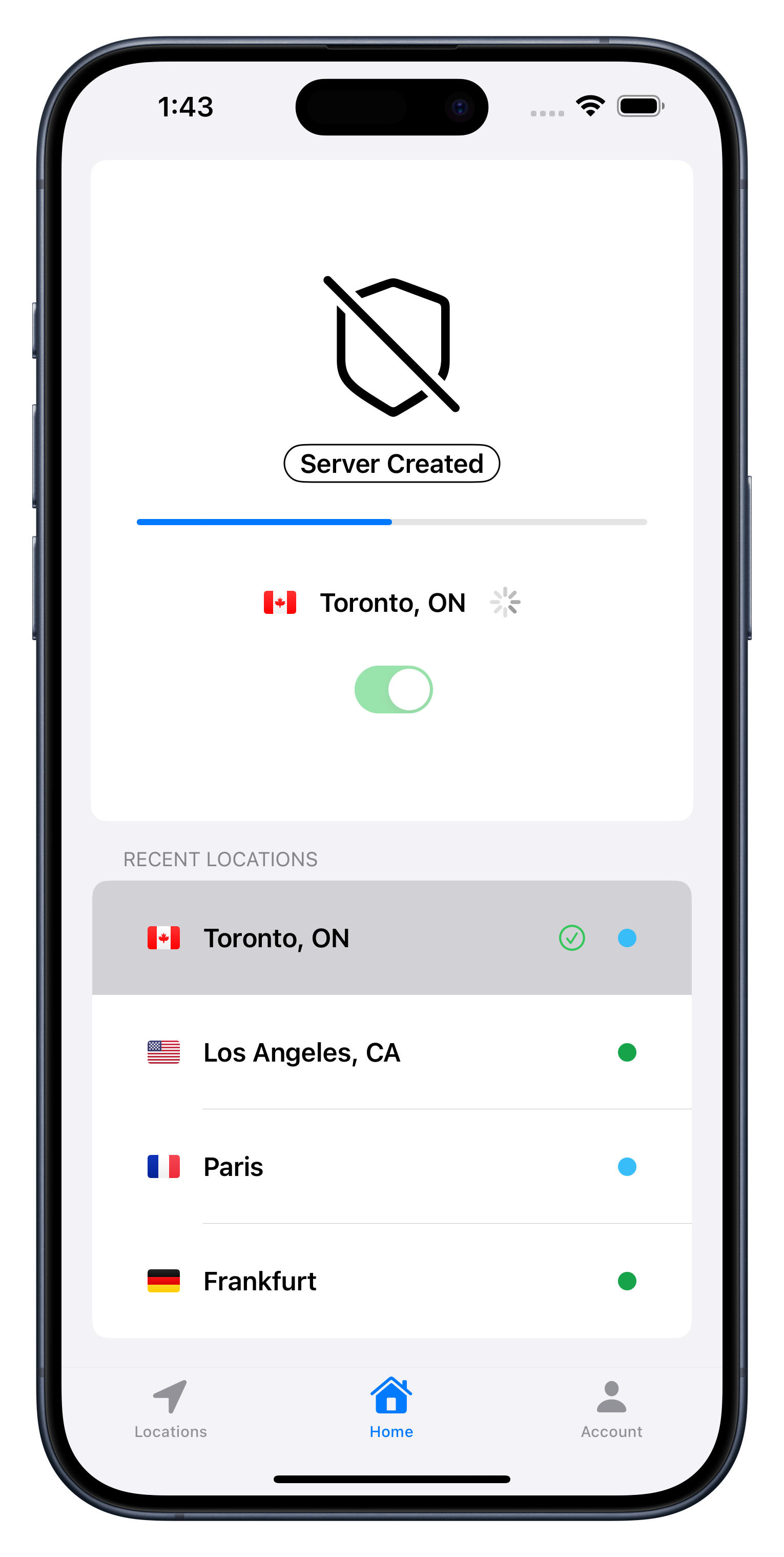 UpVPN iPhone app showing serverless VPN connection